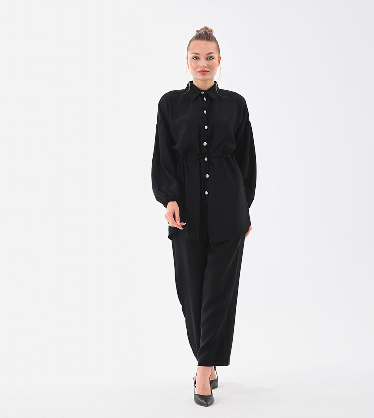 Buttoned Drawstring Waist Co-Ord Set
