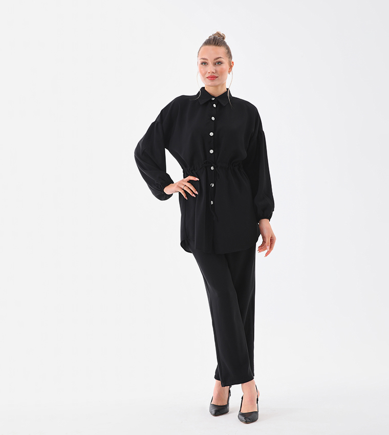 Buttoned Drawstring Waist Co-Ord Set