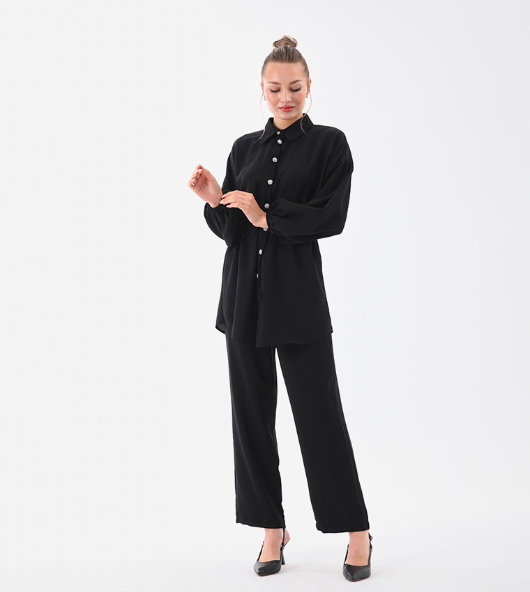Buttoned Drawstring Waist Co-Ord Set