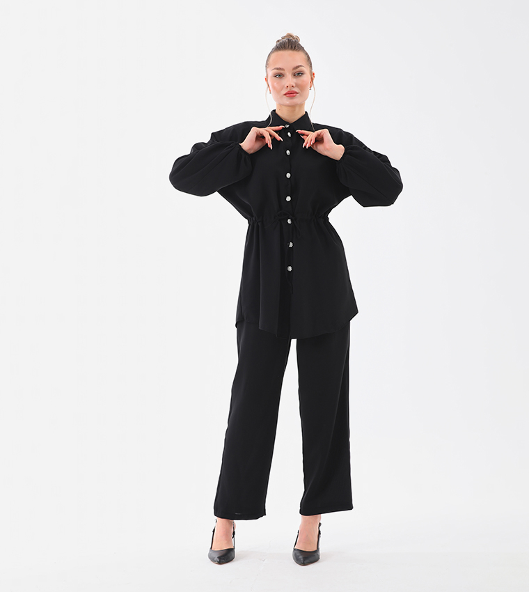 Buttoned Drawstring Waist Co-Ord Set