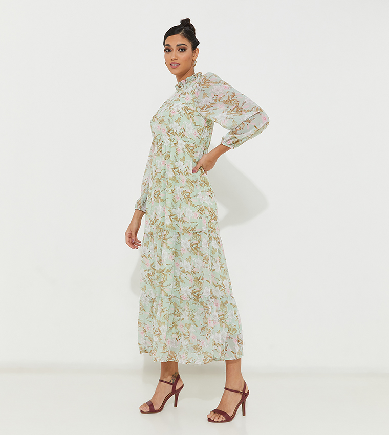 Buy R B Printed Maxi Dress With Mock Neck And Long Sleeves In Green 6thStreet Saudi Arabia