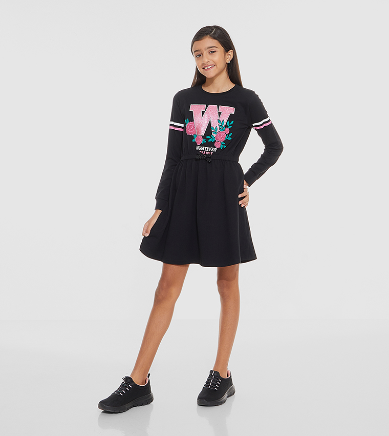 Buy R B Typography Printed Fit And Flare T Shirt Dress In Black 6thStreet Oman