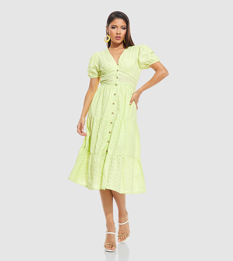 Schiffli Midi Dress with V-Neck and Puff Sleeves