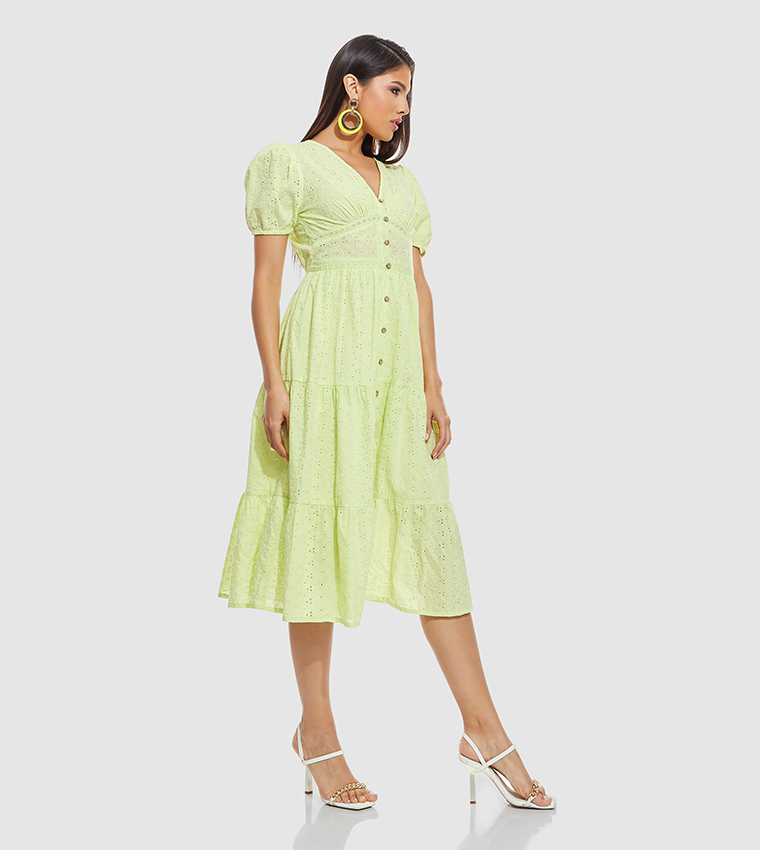 Schiffli Midi Dress with V-Neck and Puff Sleeves
