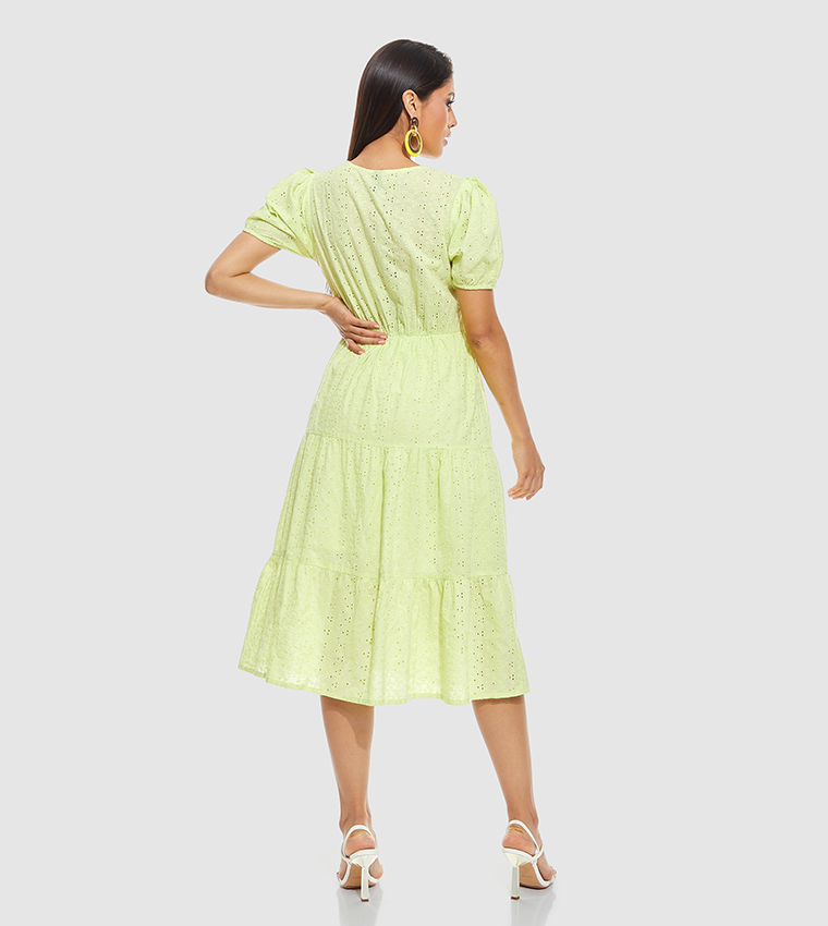 Schiffli Midi Dress with V-Neck and Puff Sleeves