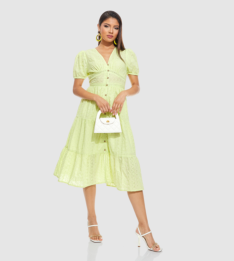 Schiffli Midi Dress with V-Neck and Puff Sleeves