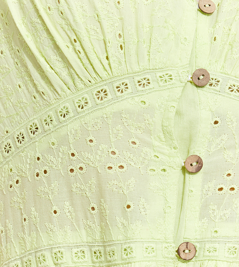 Schiffli Midi Dress with V-Neck and Puff Sleeves