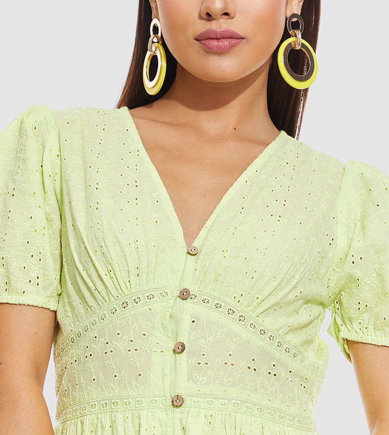 Schiffli Midi Dress with V-Neck and Puff Sleeves