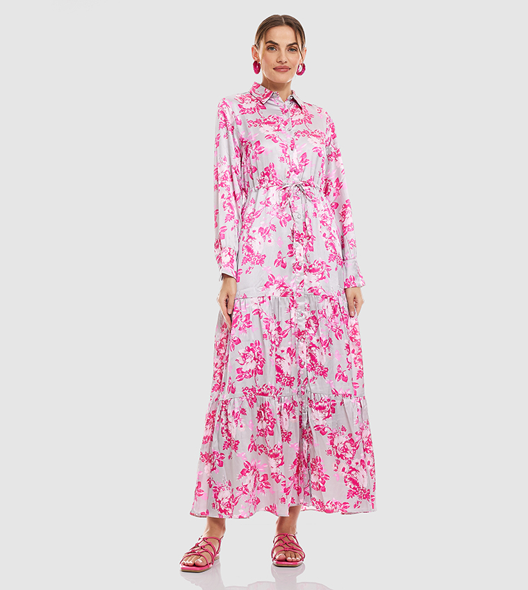 Buy R B Floral Printed Maxi Dress With Shirt Collar And Long Sleeves In Multiple Colors 6thStreet Saudi Arabia