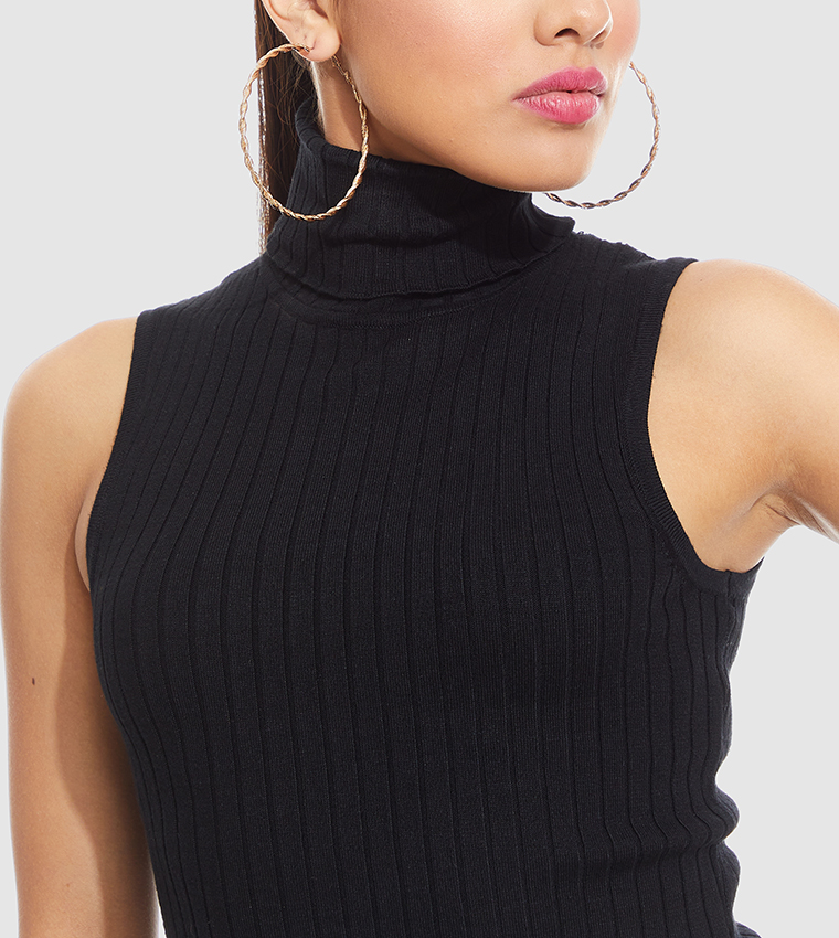 Buy R&B Ribbed Sleeveless Crop Top With Turtleneck In Black