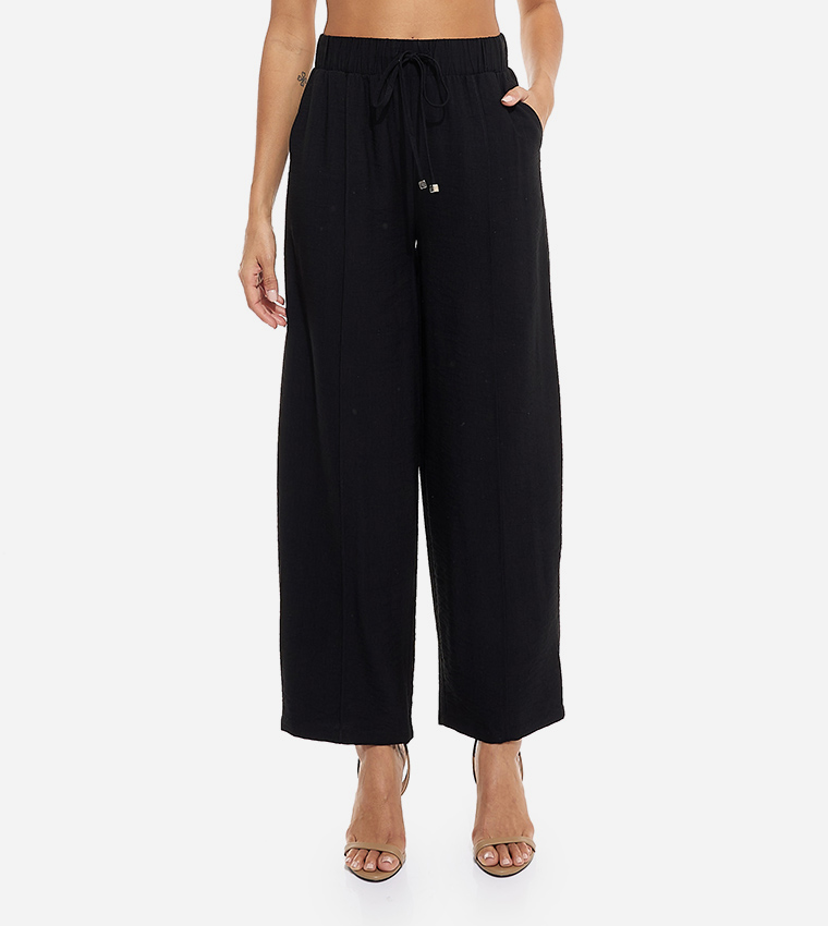 Crinkled Wide-Leg Pants with Drawcord Hem