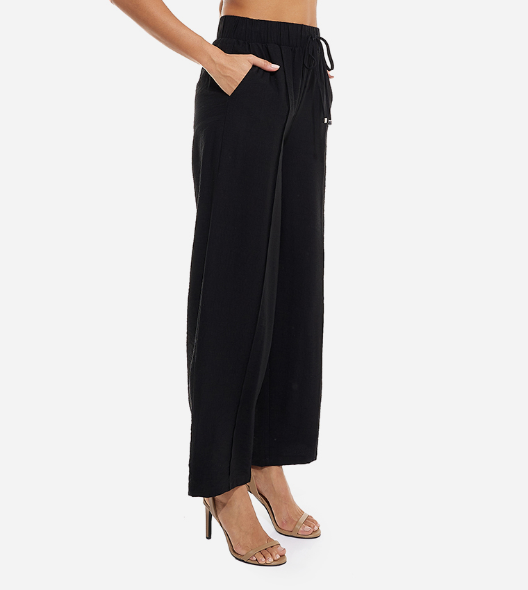 Crinkled Wide-Leg Pants with Drawcord Hem