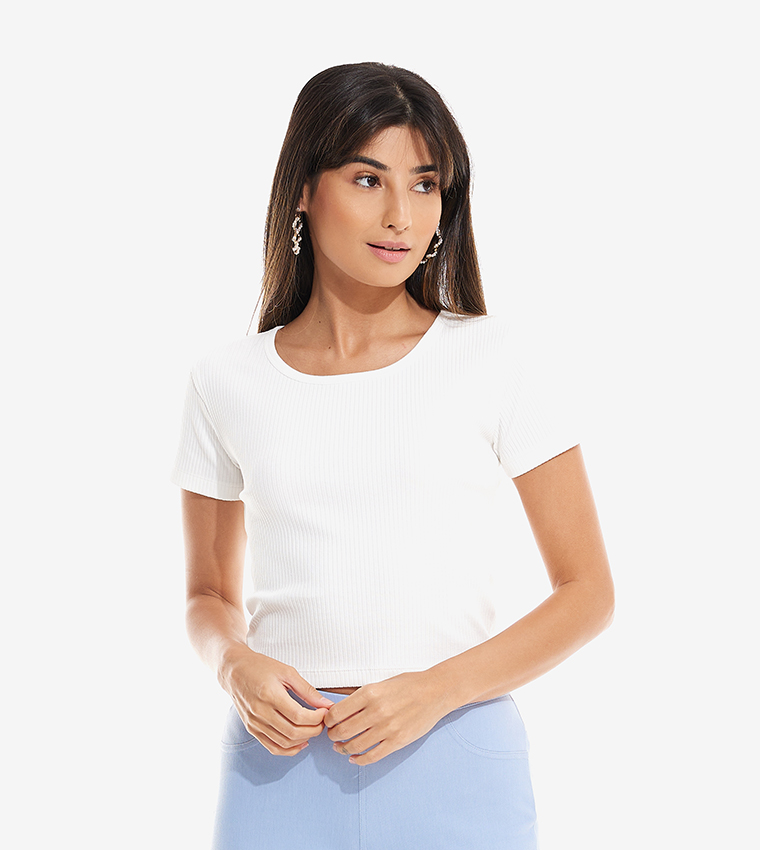 Ribbed Top with Round Neck and Short Sleeves