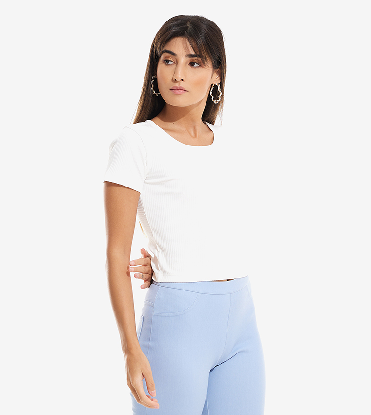 Ribbed Top with Round Neck and Short Sleeves