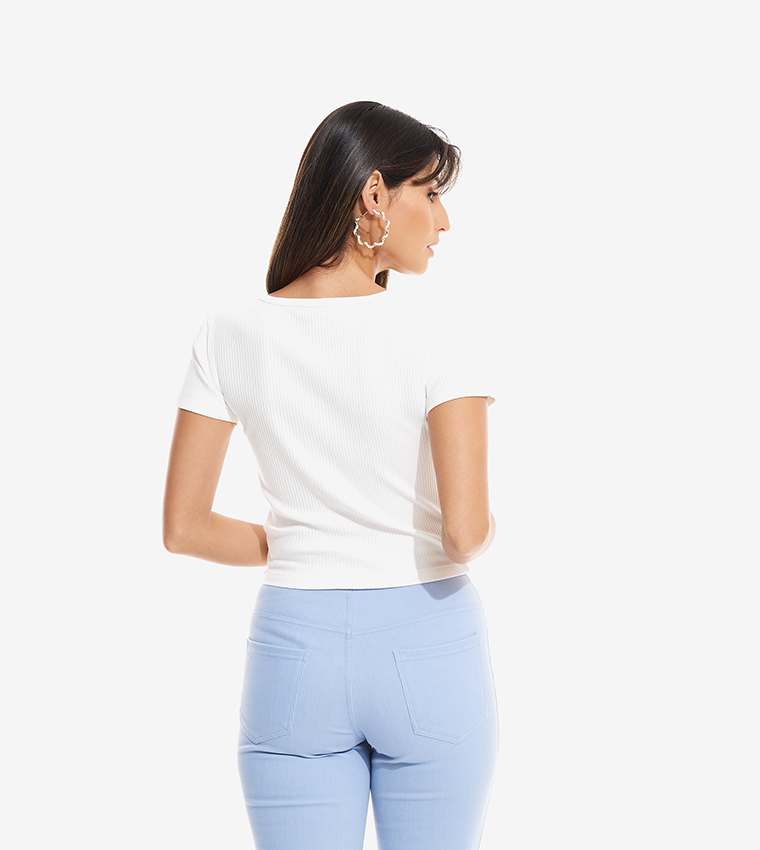 Ribbed Top with Round Neck and Short Sleeves