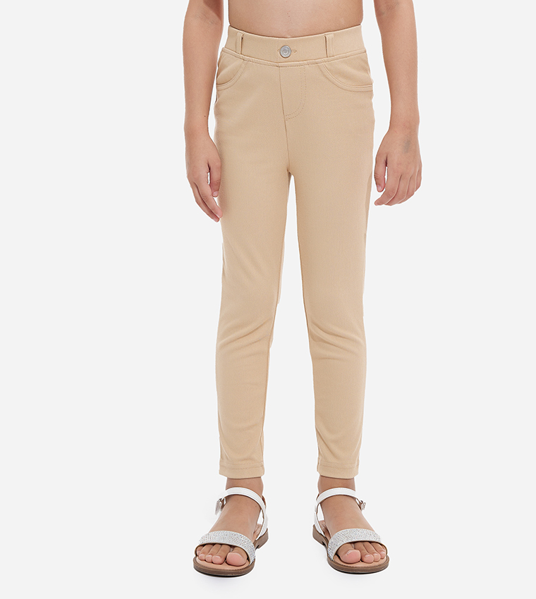 Buy R B Solid Treggings With Elastic Waistband In Beige 6thStreet Bahrain