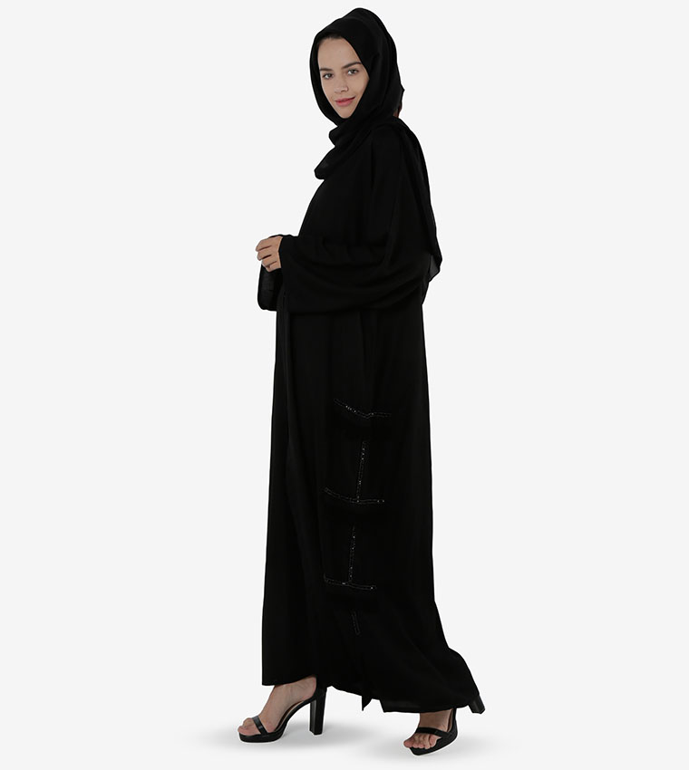 Bead Embellished Long Wide Sleeves Abaya