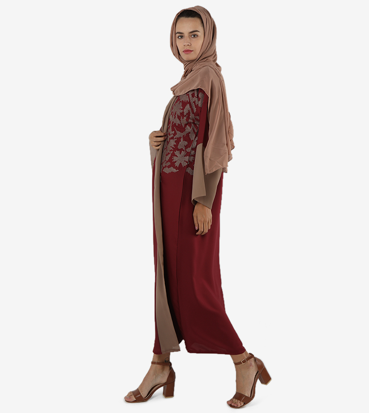 Color Block Long Sleeves V-Neck Abaya