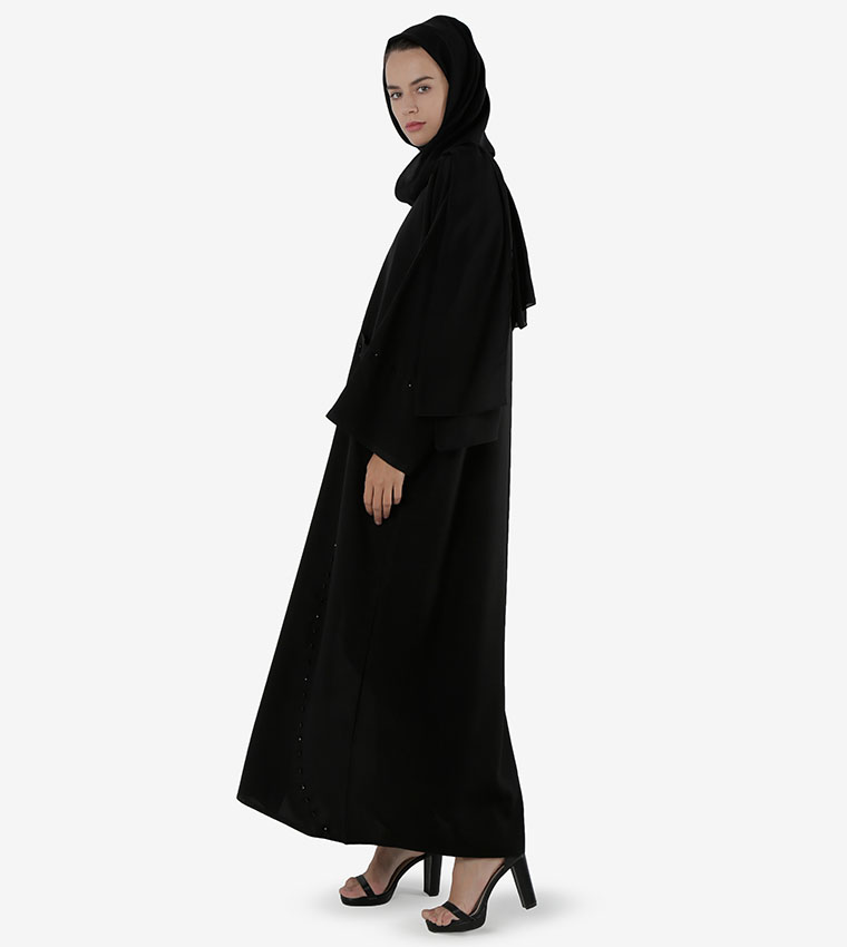 2-Pockets With Beads Design Open Front And Long Wide Sleeves Abaya - Black