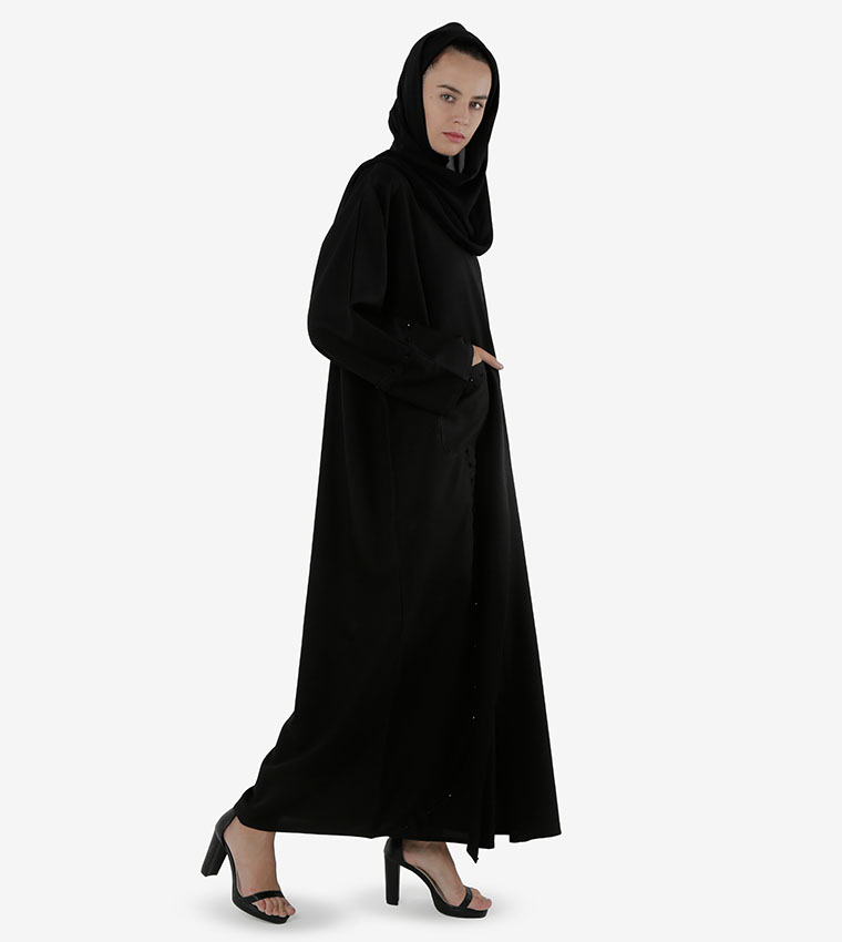 2-Pockets With Beads Design Open Front And Long Wide Sleeves Abaya - Black