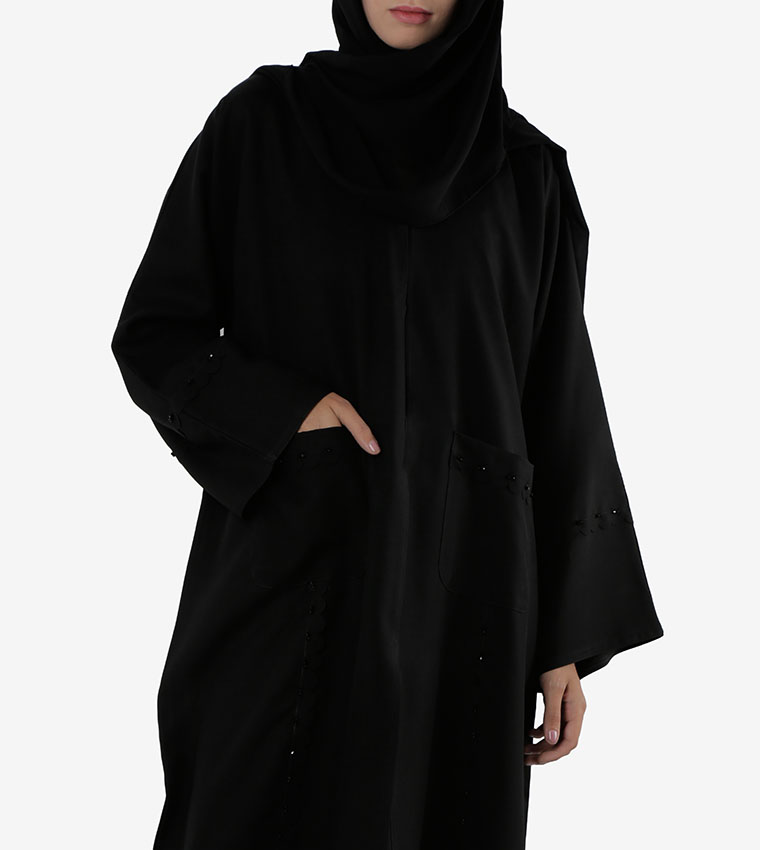 2-Pockets With Beads Design Open Front And Long Wide Sleeves Abaya - Black