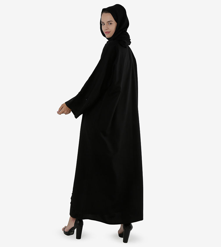 2-Pockets With Beads Design Open Front And Long Wide Sleeves Abaya - Black