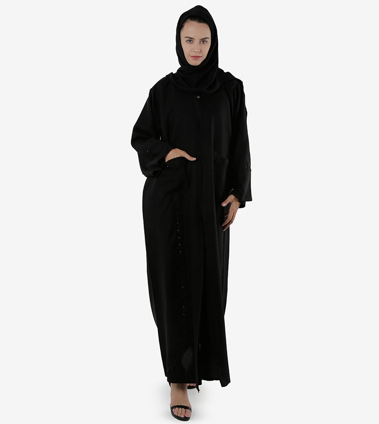2-Pockets With Beads Design Open Front And Long Wide Sleeves Abaya - Black