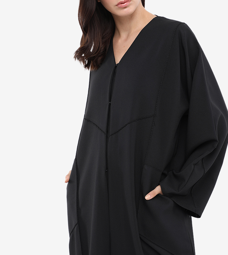Solid V-Neck Long Sleeve Abaya