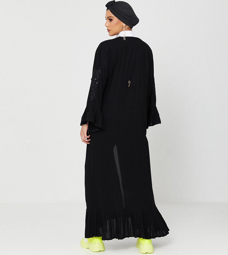 Abaya Design With Frills And Stone Hand Work On It-Black