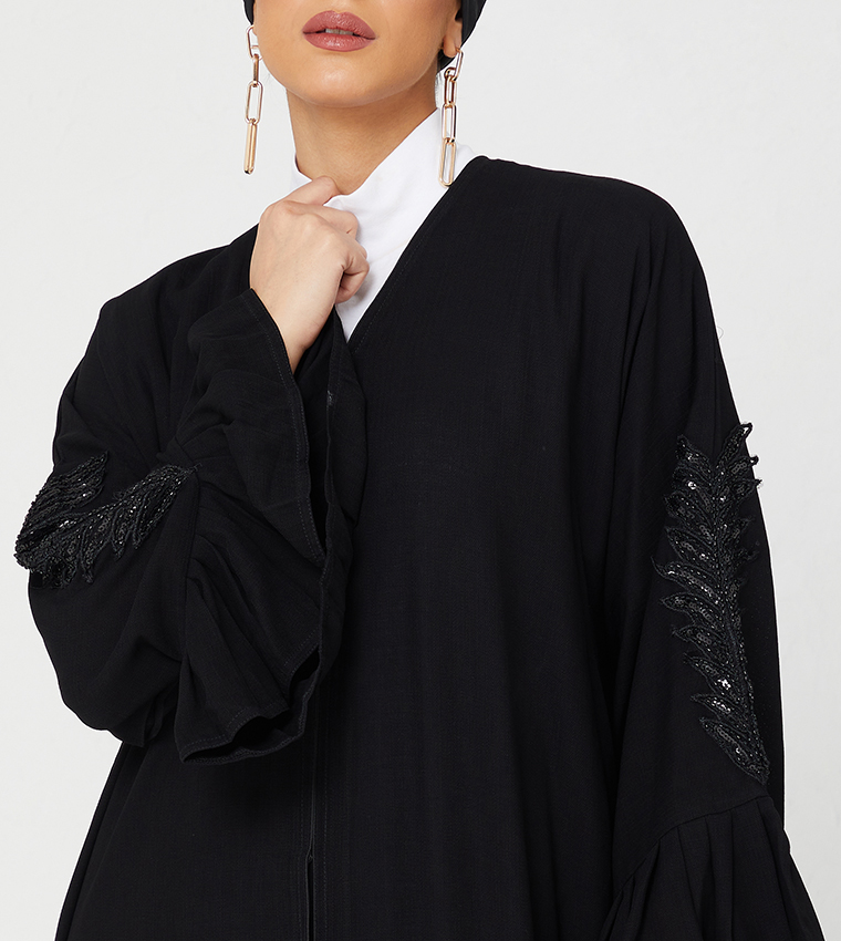 Abaya Design With Frills And Stone Hand Work On It-Black