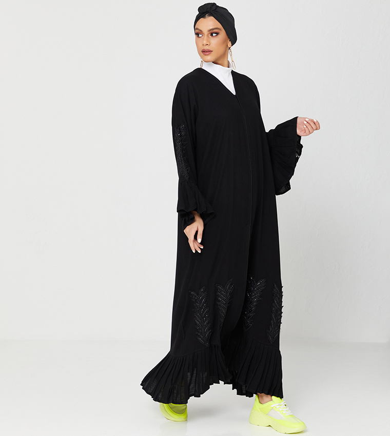 Abaya Design With Frills And Stone Hand Work On It-Black