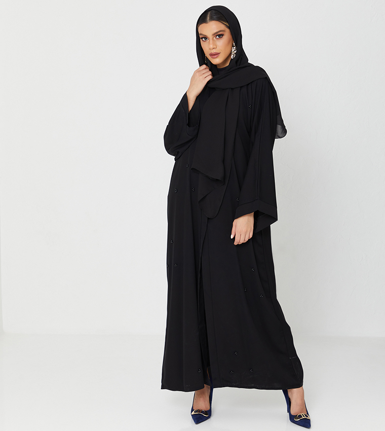 Abaya On It Design With Pearls Full Top To Bottom-Black
