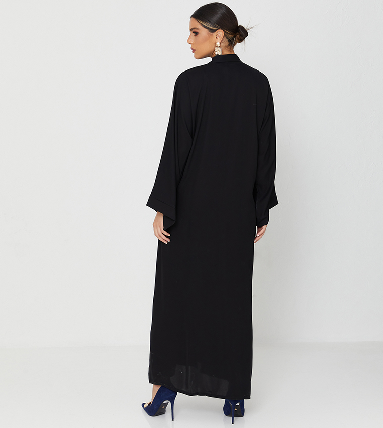 Abaya On It Design With Pearls Full Top To Bottom-Black