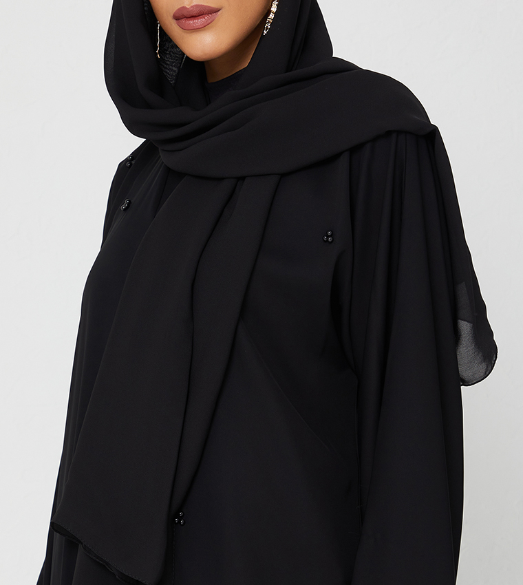 Abaya On It Design With Pearls Full Top To Bottom-Black
