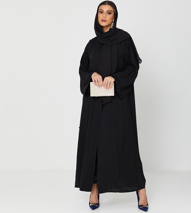 Abaya On It Design With Pearls Full Top To Bottom-Black