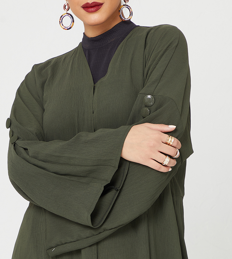 Solid V-Neck Flared Sleeves Abaya 