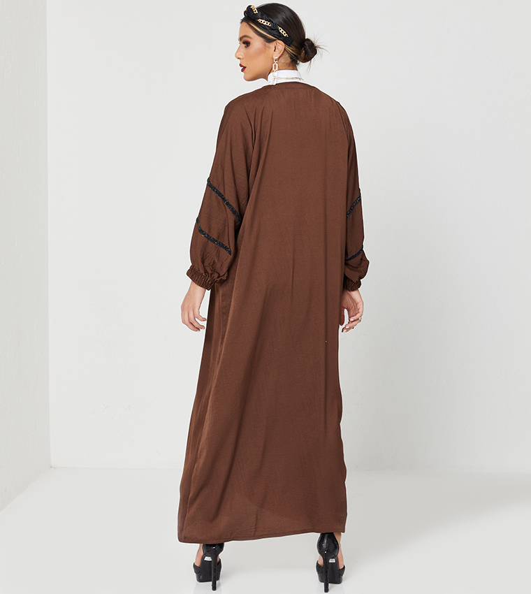 Abaya On Design With Black Laise Full Top To Botton-Brown