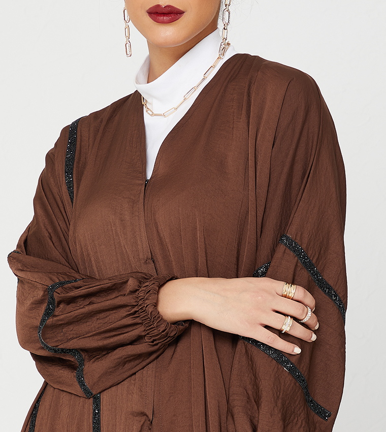 Abaya On Design With Black Laise Full Top To Botton-Brown