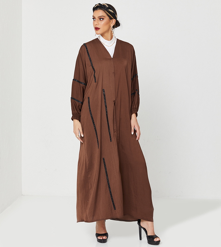 Abaya On Design With Black Laise Full Top To Botton-Brown