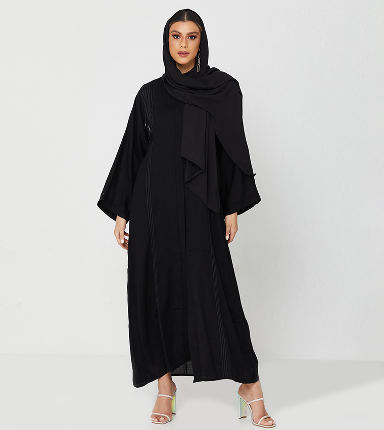 Abaya On Design With White Lines And Laise And Pearls-Black