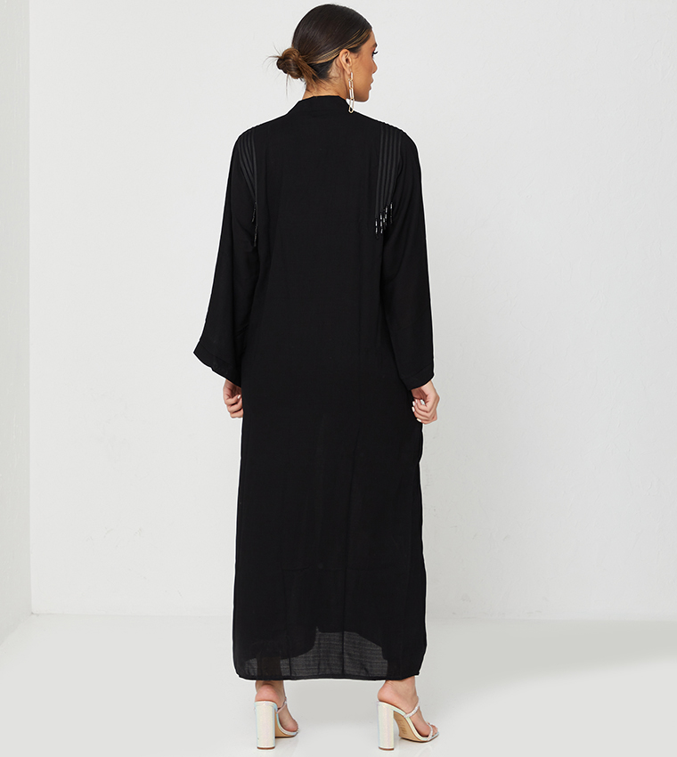 Abaya On Design With White Lines And Laise And Pearls-Black