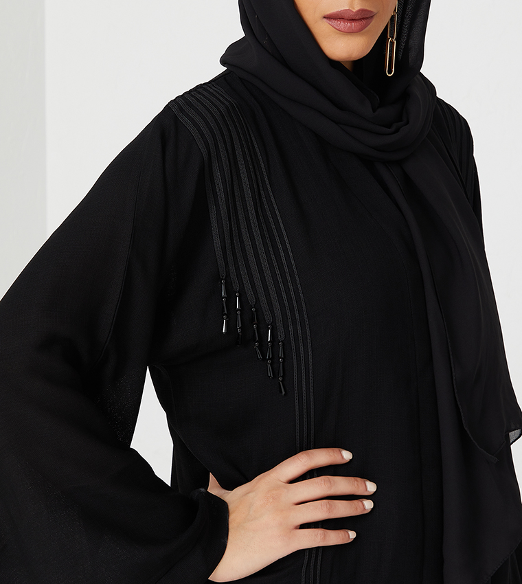 Abaya On Design With White Lines And Laise And Pearls-Black