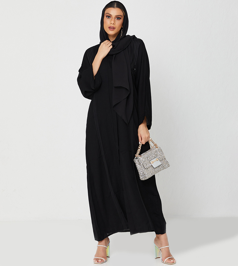 Abaya On Design With White Lines And Laise And Pearls-Black