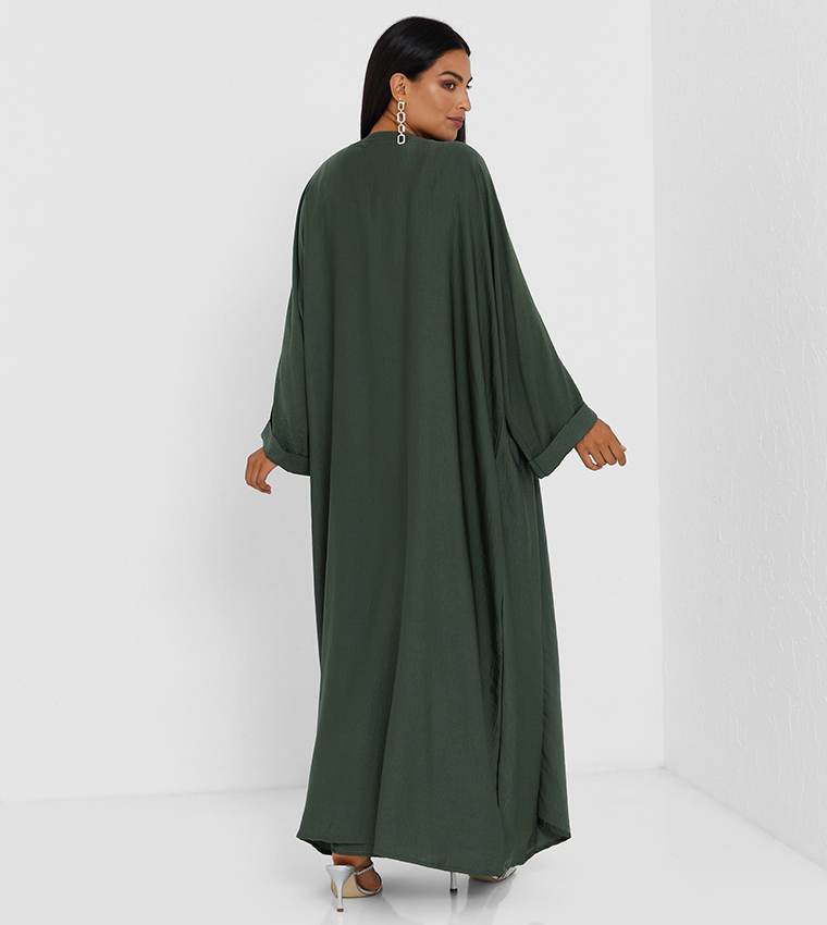 Green Color Abaya With Elastic Kuchi Work And Green Buttons Also Green Inner Top Two Pcs Abaya