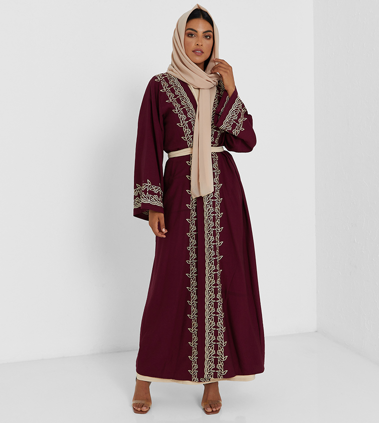 Maroon Color Abaya With Golden Color Machine Embroidery Work And Golden Inner Top And Stone Hand Work With Belt Two Pcs Abaya