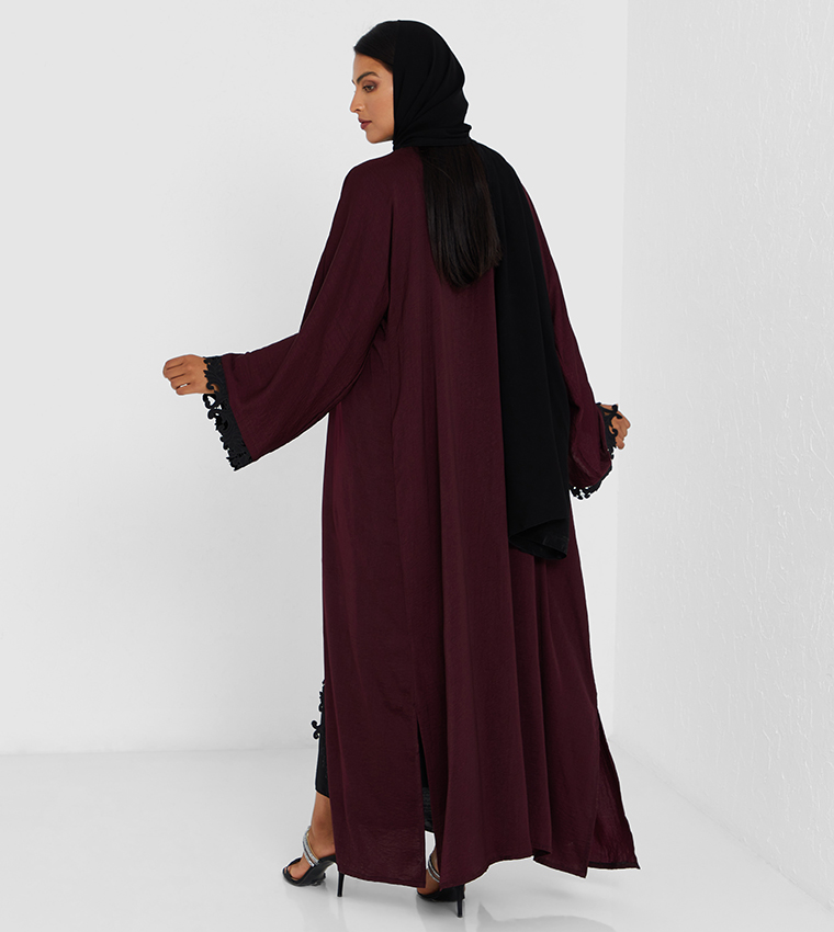 Maroon And Black Two Color Abaya With Black Laise And Black Stone Work