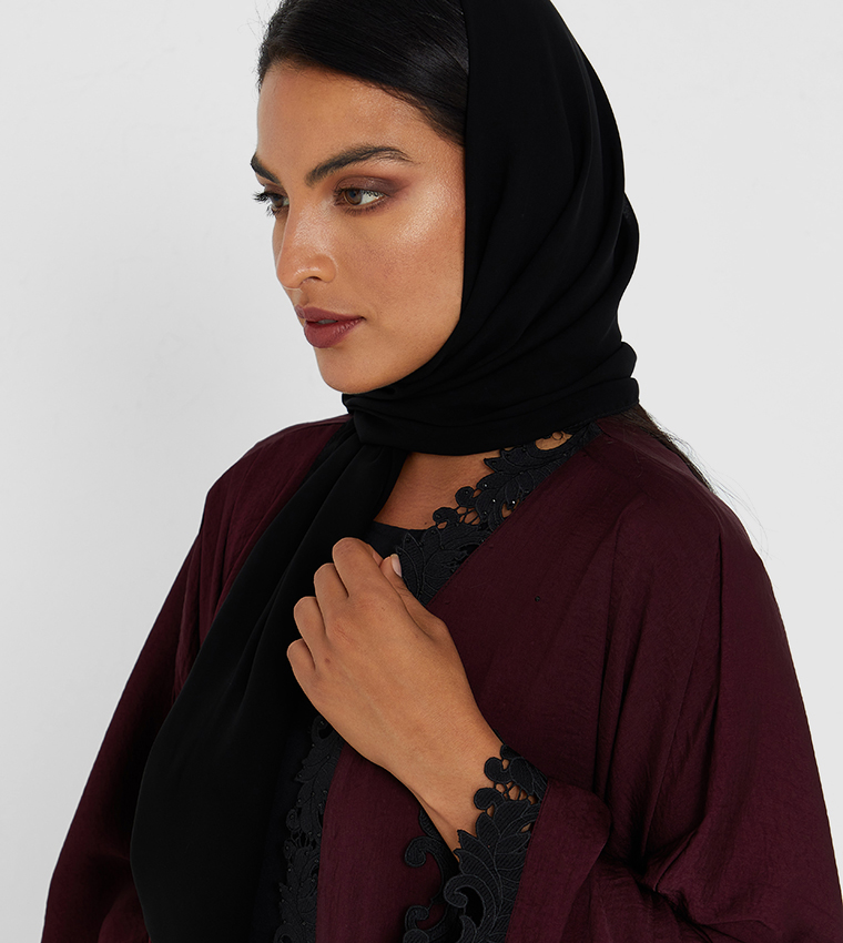 Maroon And Black Two Color Abaya With Black Laise And Black Stone Work