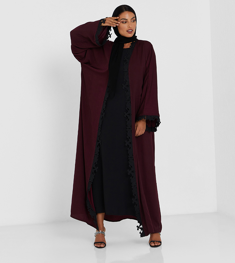 Maroon And Black Two Color Abaya With Black Laise And Black Stone Work