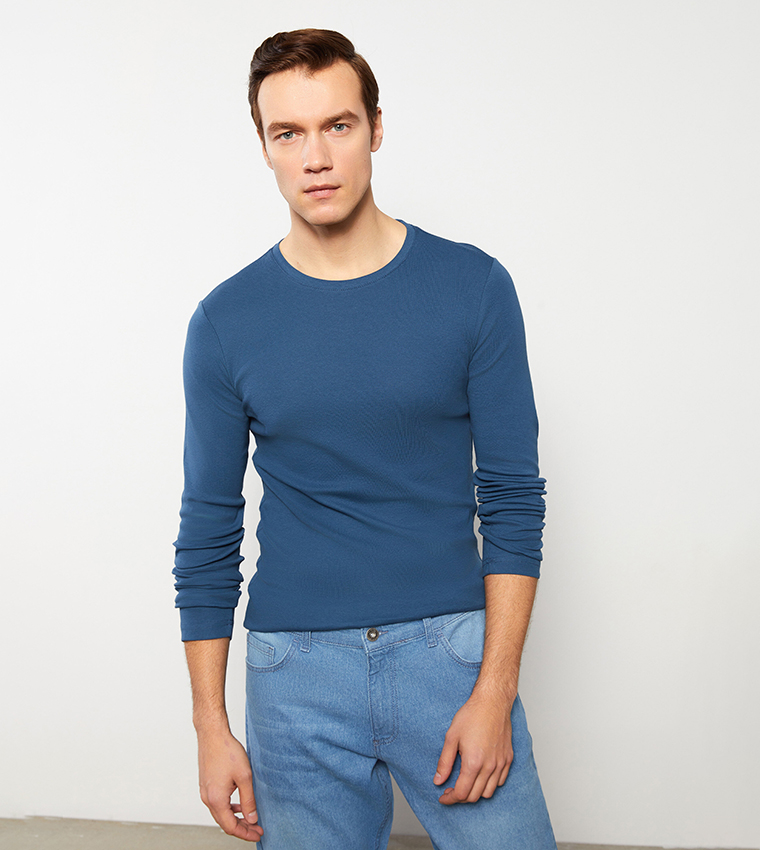 Buy LC Waikiki Crew Neck Long Sleeves Cotton T Shirt In Indigo