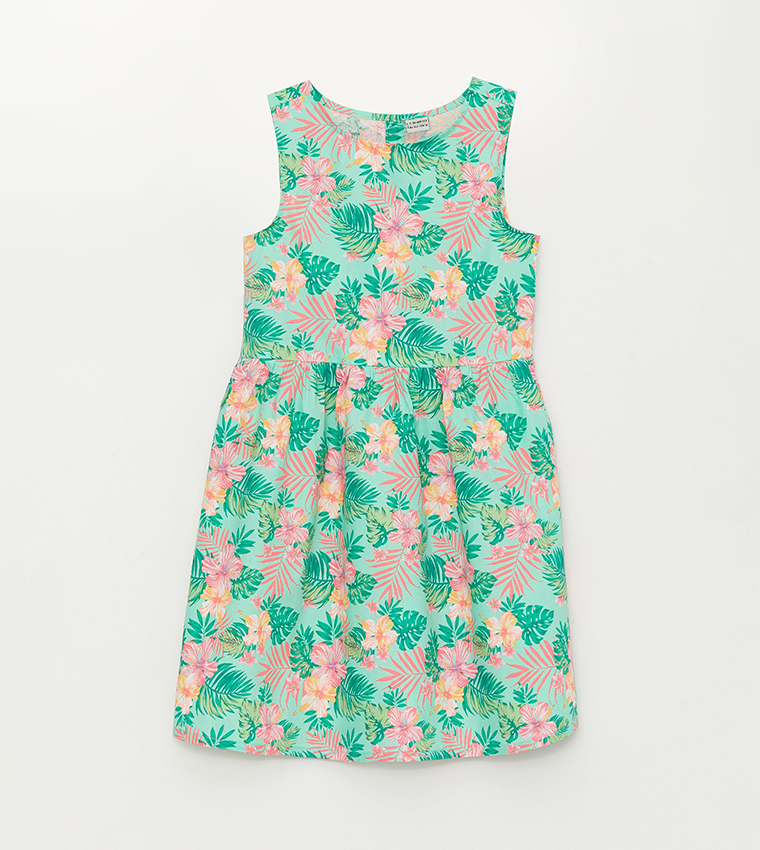 Girl's Printed Crew Neck Sleeveless Dress